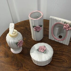 Vintage Floral Ceramic Bathroom or Vanity Set with Pink Accents